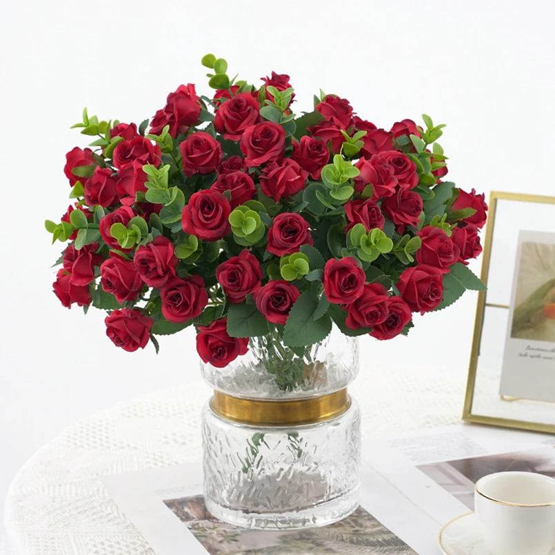 11-köpfiger Kunstblumenstrauß aus Seidenrosen mit Vase für Heimdekoration, Garten, Eukalyptusblätter, Kunstpflanzen, Hochzeit, Party – Detail 5