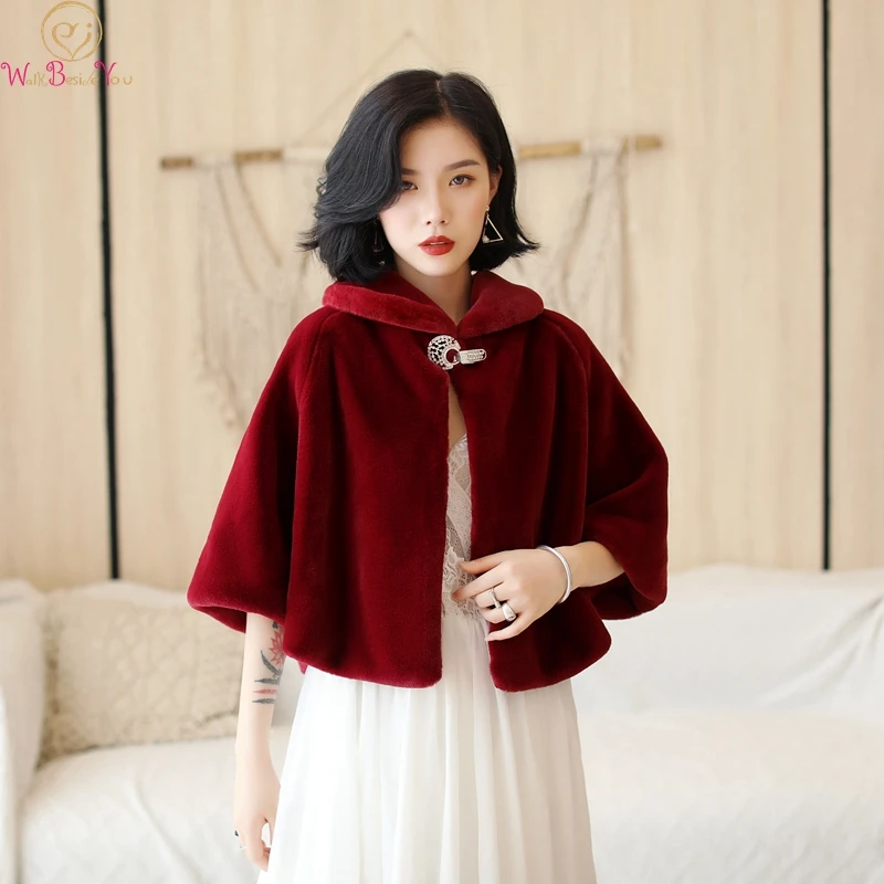 Wine Red Formal Party Evening Jackets Wraps Faux Fur cloaks Wedding Capes Winter Women Bolero Wrap Shawls In Stock 2024 shrug