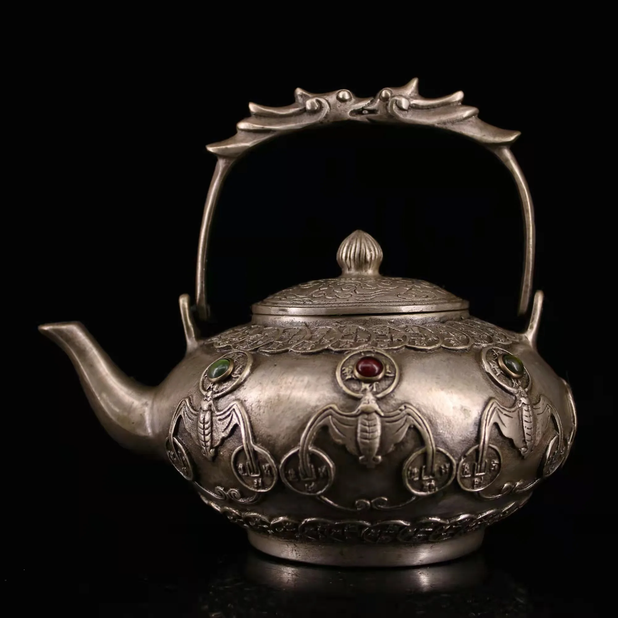 

Unique Old Chinese silver&gem dragon&batTeapot, with mark, Free shipping