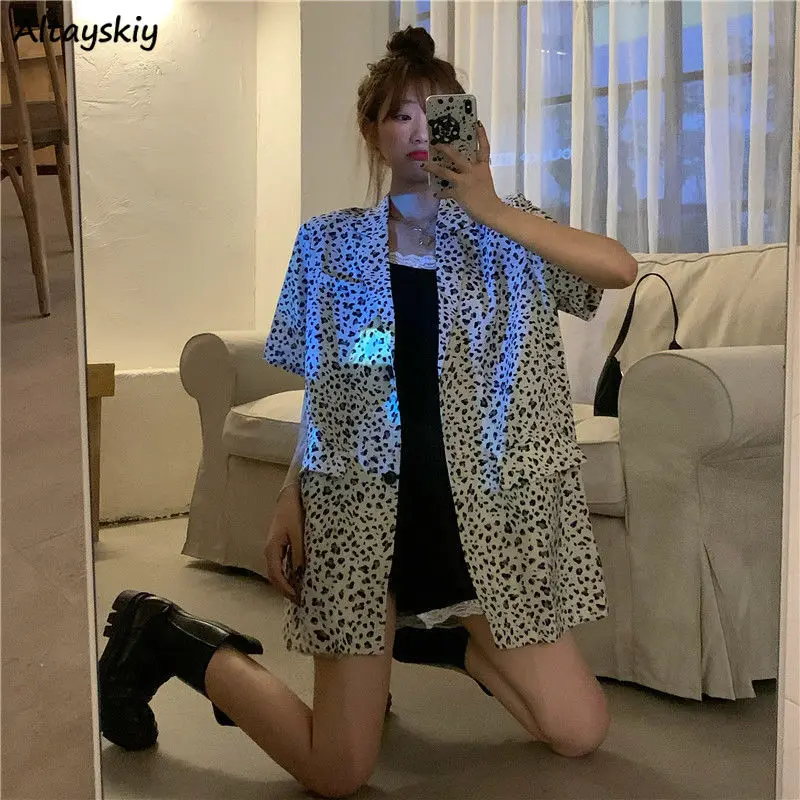 Blazers Women Casual All-match Loose Leopard Popular Clothes Short Sleeve Notched Fashion Single Breasted Design Pockets Summer