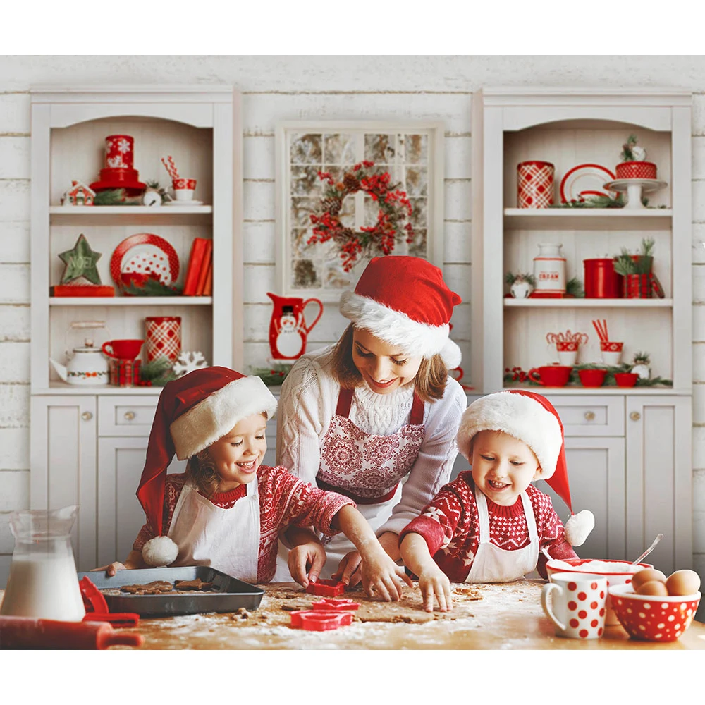 Fundo de fotografia de natal armário branco cozinha pano de fundo presentes vermelho utensílios de mesa de aniversário de inverno partybackground prop