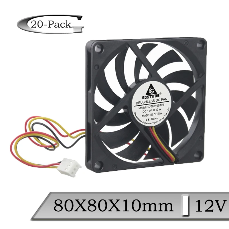 20Pcs Gdstime 12V 80mm 80x80x10mm DC Fan Brushless Computer PC Cooler 8010S 8cm 3Pin connector FG Function Cooler Fan