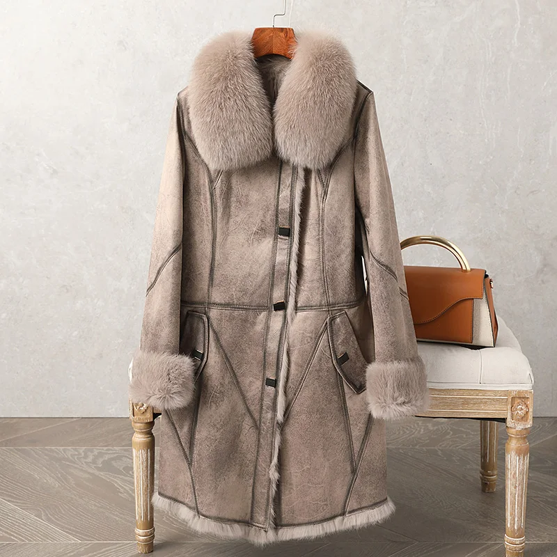 Genuine Leather Fur Coat 2021 Winter New Rex Rabbit Fur Integrated Women's Fox Fur Collar Overcoat Medium Long Style Warm Winter