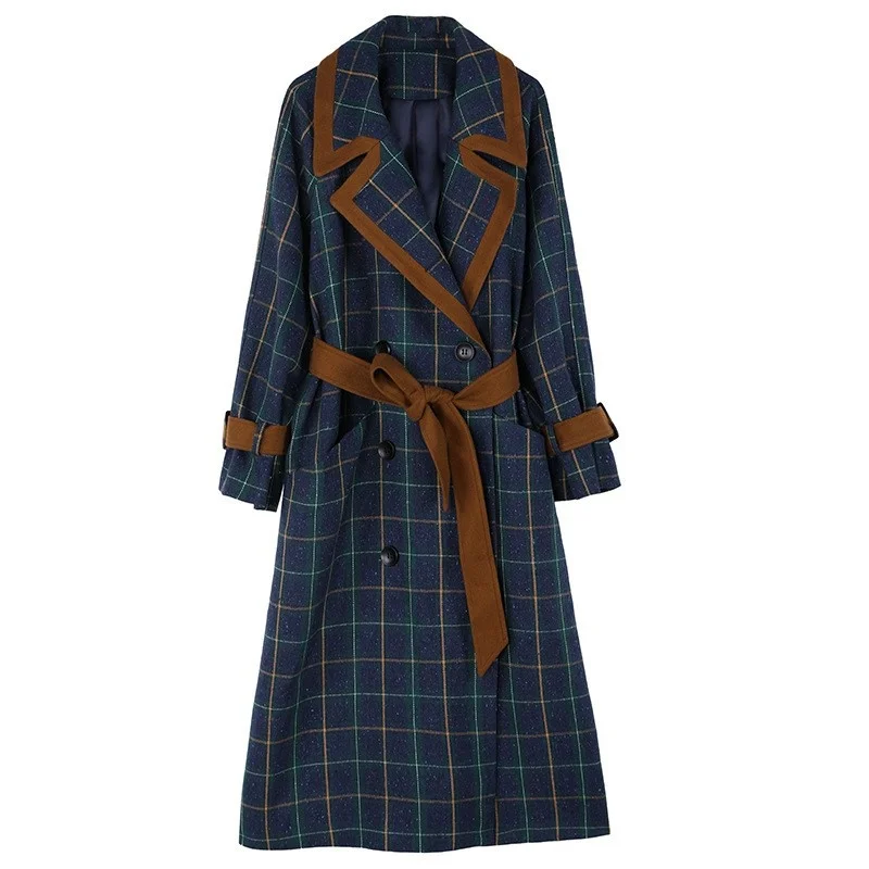 Women Autumn Wool Blends Plaid Overcoat British Style Vintage Belt Double Breasted Trench 2022 Winter Office Ladies Woolen Coat