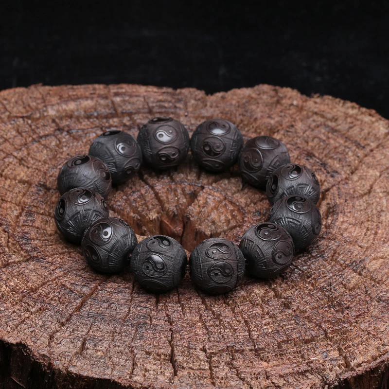Ebenholz-Herren-Holzarmband, Symbol der Philosophie, männliches Armband, Symbol der Wahrsagerei, 20 mm, schwarzes Holzperlenarmband – Detail 12