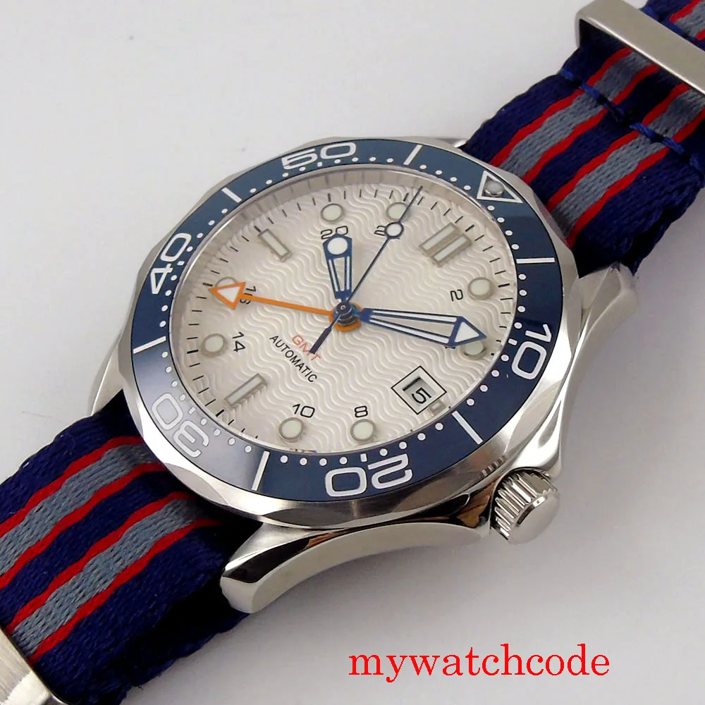 Bliger 41mm relógios automáticos função gmt safira cristal calendário cinta de náilon cearmic bezle inserção
