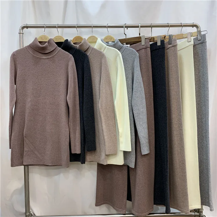 Luxury Two Pieces 45% Cashmere + 30% Wool Suits Female Turtleneck Warm Mink Cashmere Knit Tops +  Wide Leg Wool Pant Sets F2494