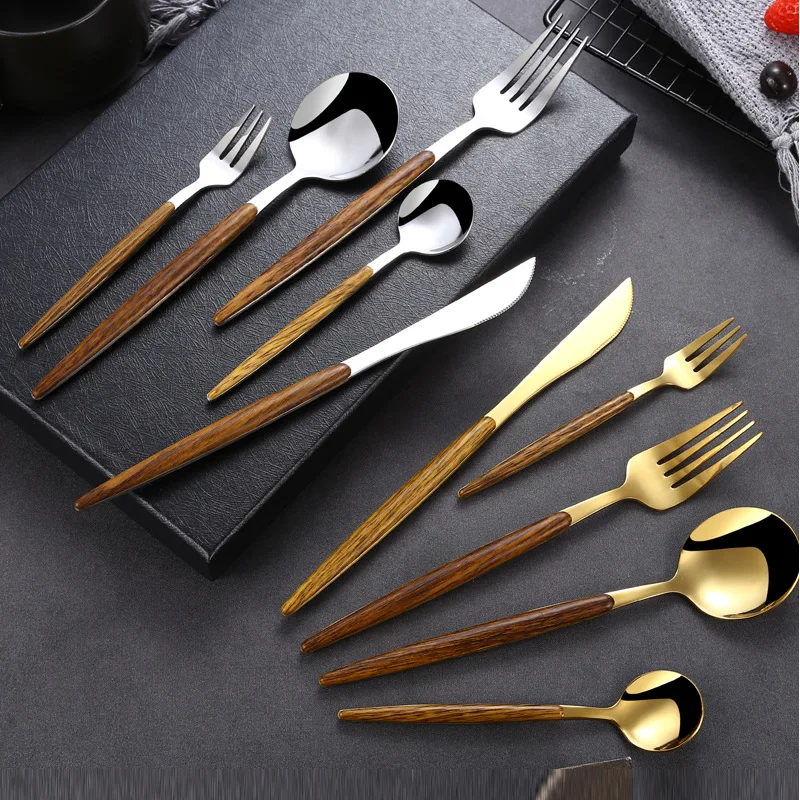 30Pcs Stainless Steel Dinner Gold Imitation Wooden Handle Dinnerware Knife Coffee Spoon Fork Cutlery Set Tableware Silverware