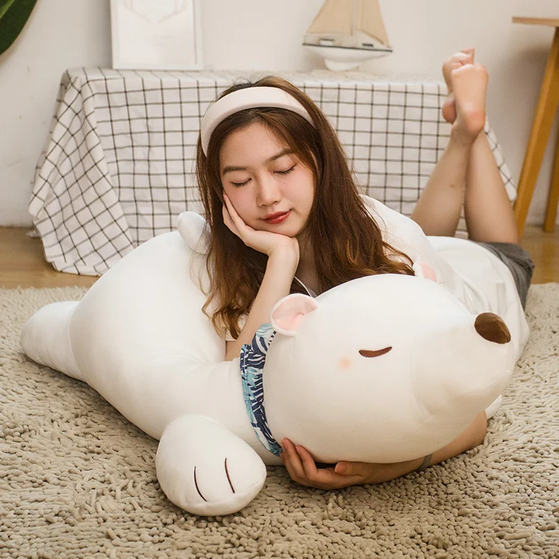 60/80/100CM morbido orso polare sdraiato cuscino peluche adorabile cuscino orso bianco bambole ripiene giocattolo per dormire per ragazze ragazzi regali