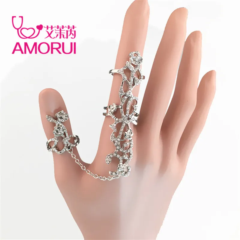 AMORUI Personality Rose Flower Crystal Openwork Adjustable Ring For Women Fashion Zircon Siamese Party Rings Jewelry Gift