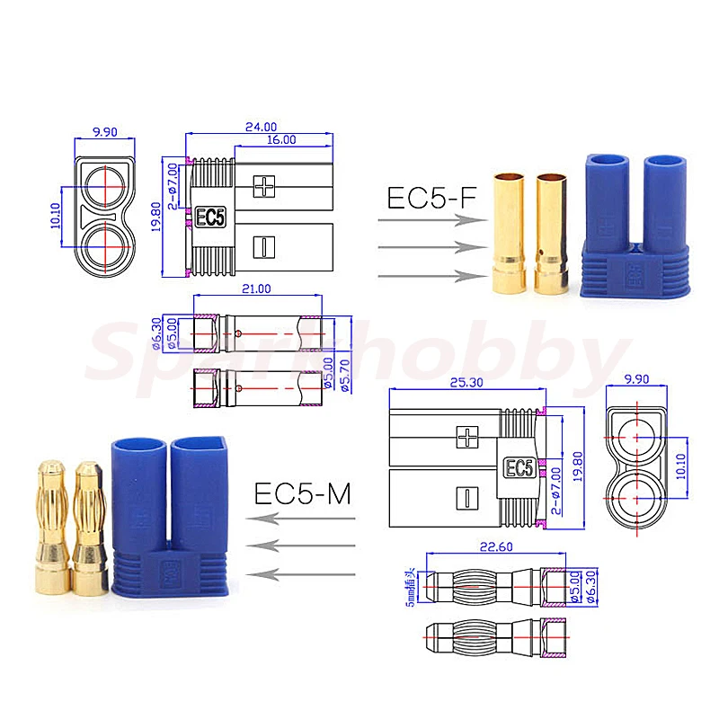 10PCS EC5 5mm spina a Banana maschio femmina placcato in oro proiettile 100A connettore ad alta corrente con guaina alloggiamento per batteria RC