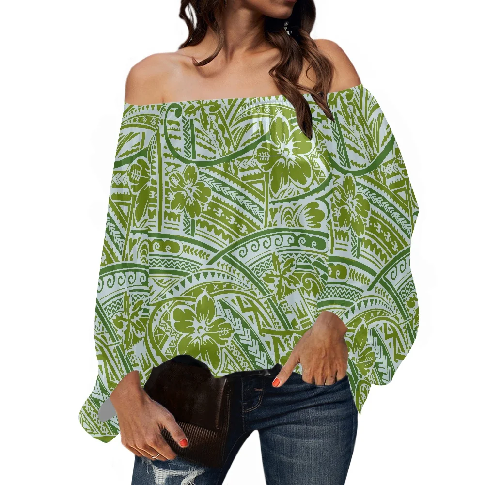 

HYCOOL Fashion Polynesian Tribal Hibiscus Print Green Puff Sleeve Top Blouse Women Casual Blouse Women Vintage Off Shoulder Top