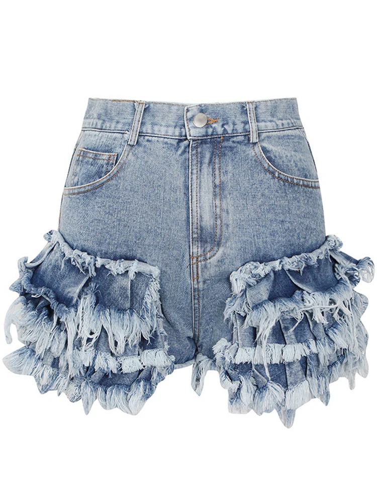 ONEINALL Casual Solid Fringe Hem Patchwork Denim Shorts For Women High Waist Short Trousers Females 2022 Autumn Fashion Clothing