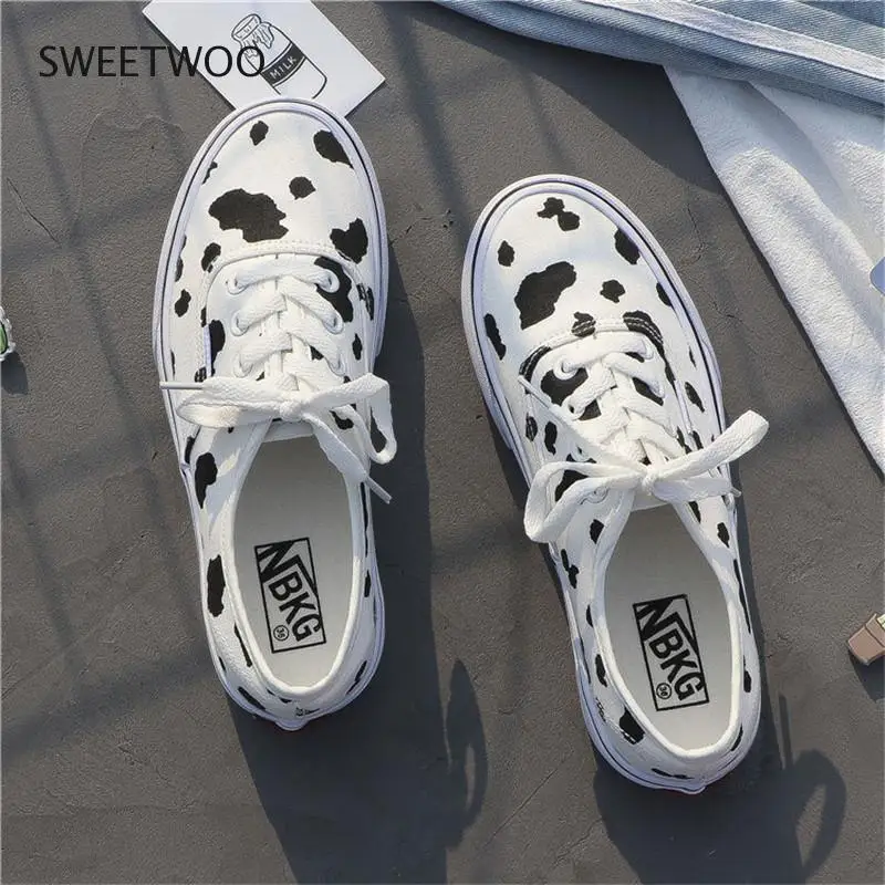 Cow Print Cute Women Sneakers Black White Canvas Shoes 2021 New Platform Flat Lace Up Tennis Shoes Casual Wild
