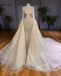 Luxury Pearls Long Sleeves Wedding Dresses With Detachable Skirt Beading Wedding Gowns Vestidos De Novia Princess Bridal Gowns