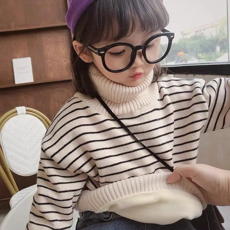 

Kids Baby Girls Striped Sweatshirt Autumn Winter New Thicken Warm Plus Velvet High-neck Cotton Striped Hoodie Toddler Boys Tops