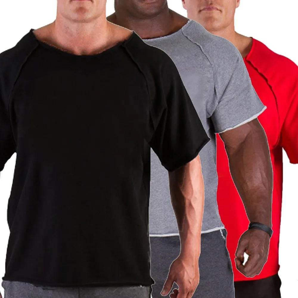 Men\'s Cotton Casual T Shirts Fitness Men Bodybuilding Shirt Batwing Sleeve Rag Shirt Gym Wear Muscle Running T-shirt Round Neck