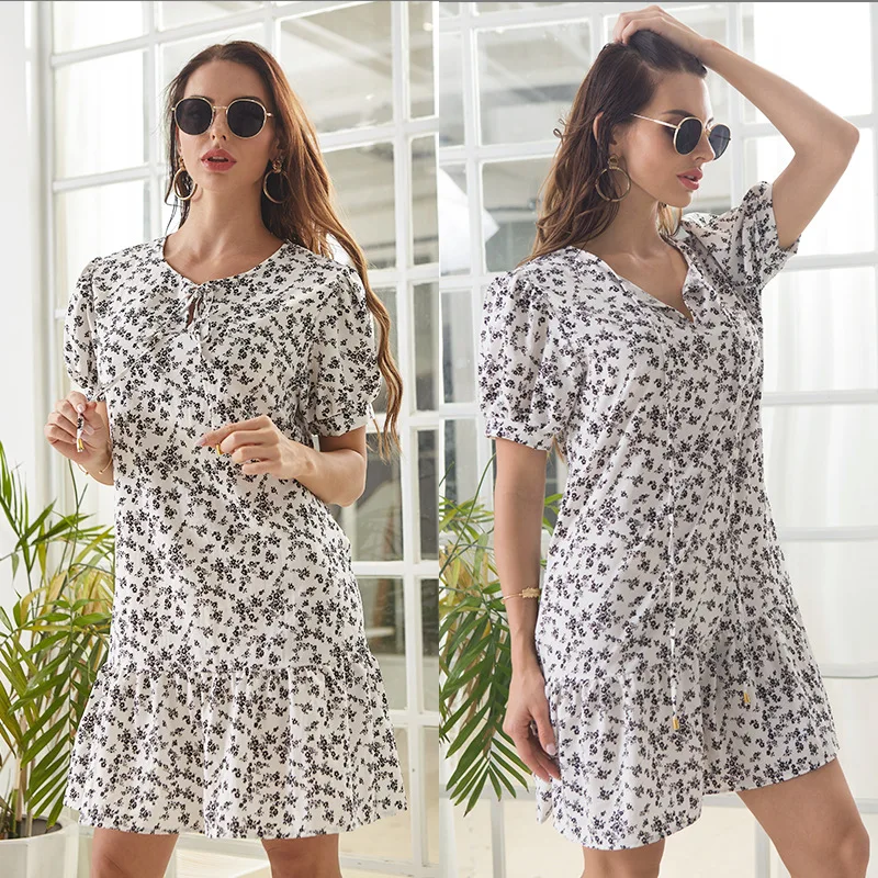 

New trend street European and American style loose chiffon floral round neck tie puff sleeve dress female summer