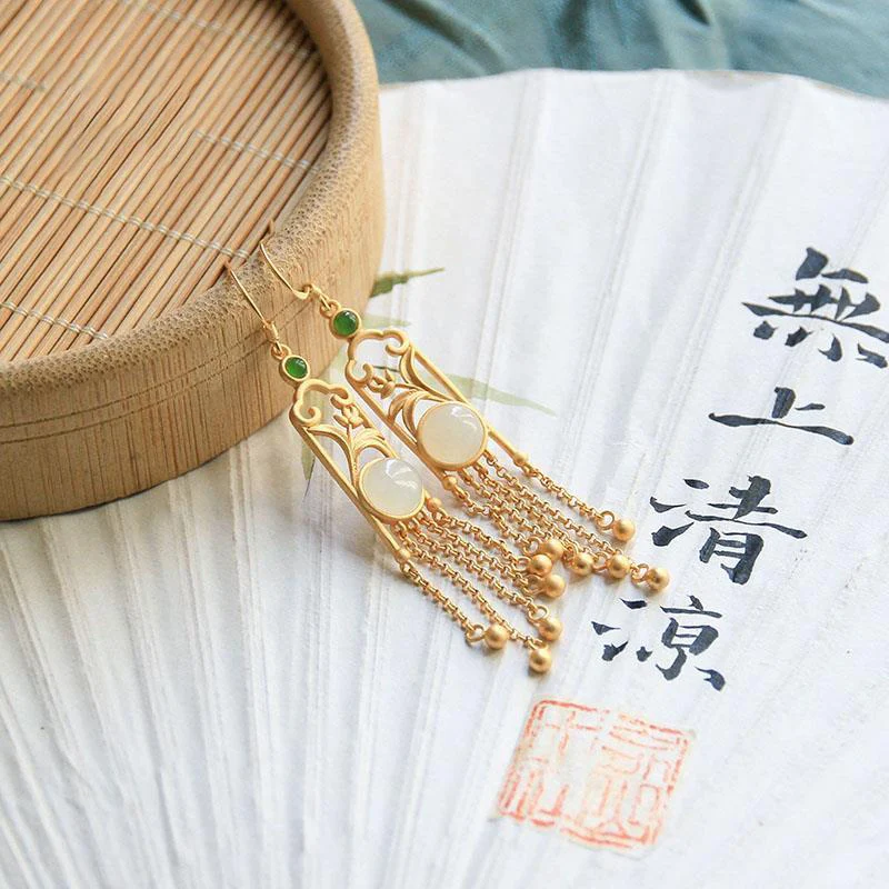 New design natural Hetian white jade round magnolia fringed long earrings Chinese bright retro ladies brand jewelry