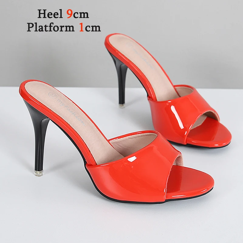 Summer New Women Slippers Solid Color Mule High Heels Shoes Sandals Sexy Low Heel Slides Party Dress Zapatillas Mujer Size 43