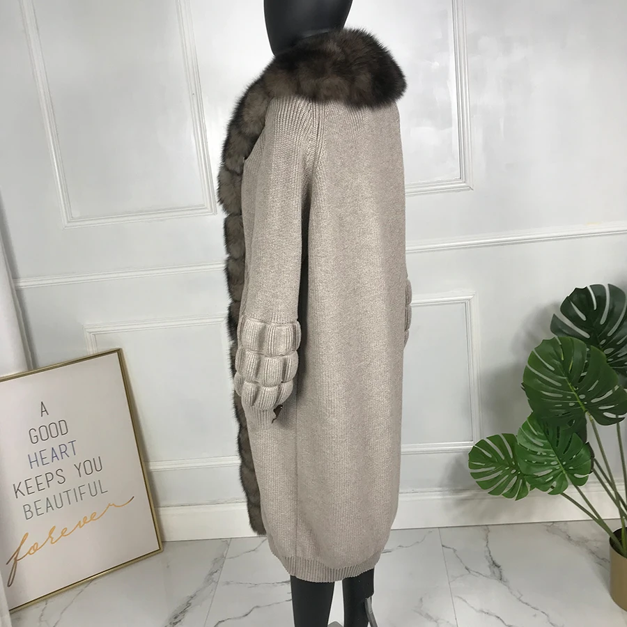 Wool Capes Long Cardigan With Fox Fur Coat Cashmere Knit sweater Winter Women With Real Fox Fur Trims Full Sleeve