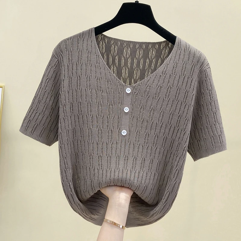 M-4XL Large size summer thin pullover v-neck sweater women short sleeve loose knitted bottoming shirt wool top