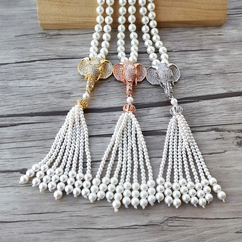 

1Pcs Elephant head charm Pendant CZ Micro pave Connector, Shell Pearl Beads Chain tassels Women Jewelry Necklace NK536