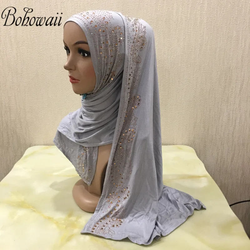 BOHOWAII Diamonds Jersey Hijab Scarf Muslim Fashion Turban Femme Musulman African Head Wraps Arab Turkish Hijabs for Women