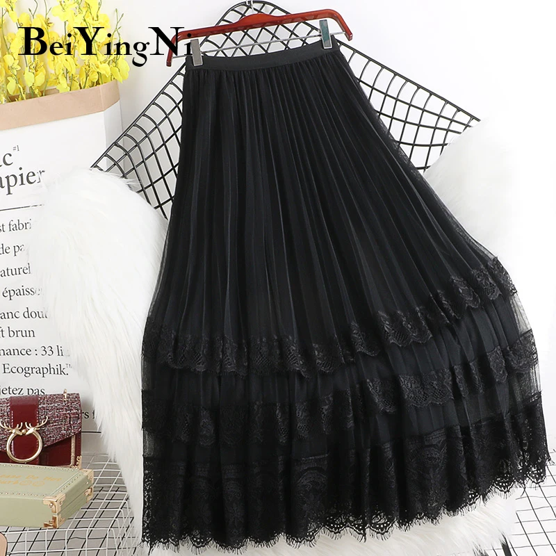 Beiyingni Fashion High Waist Tulle Midi Skirts Woman Lining Mesh Lace Patchwork Kawaii Harajuku Dance Bridesmaids Skirt Women