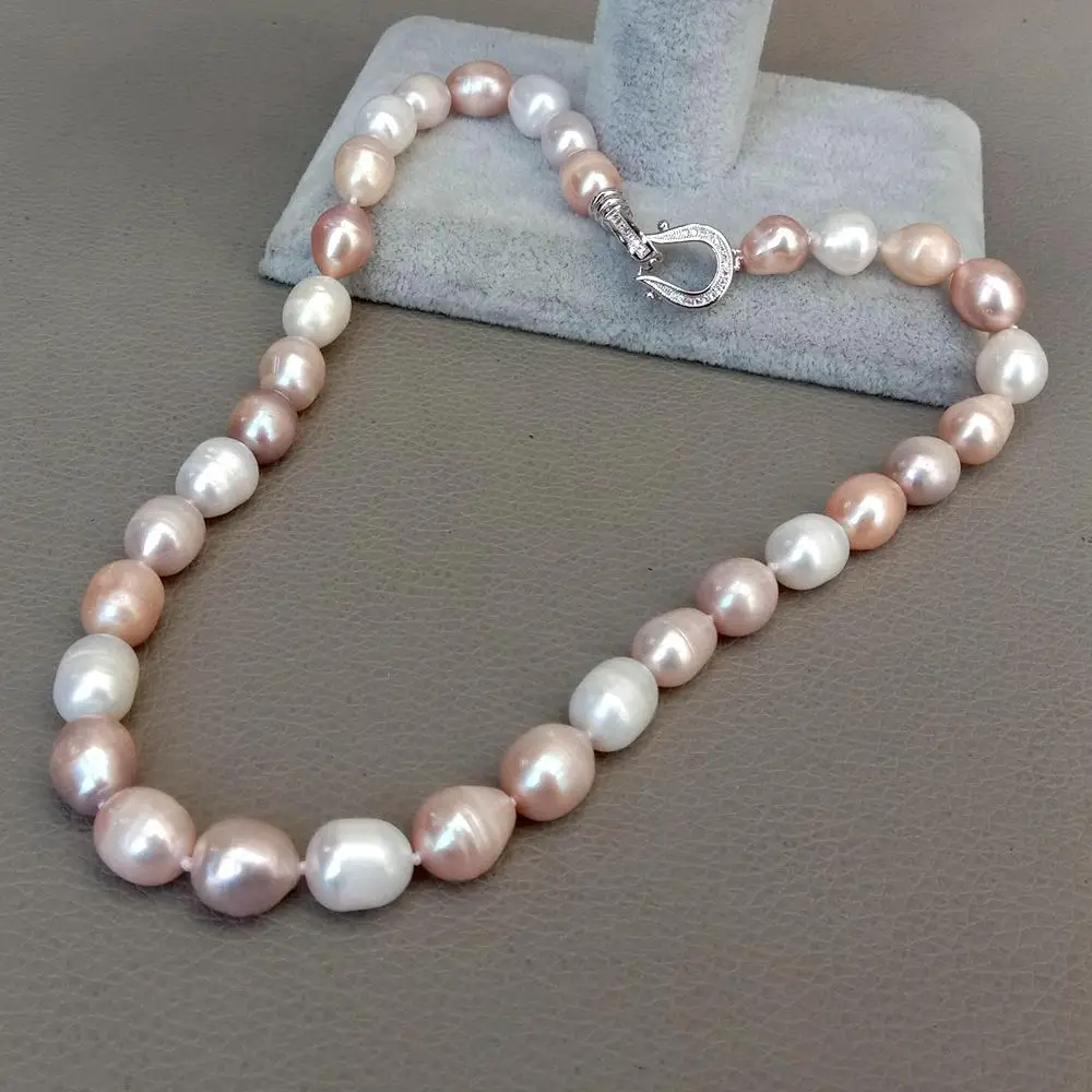 natural Freshwater Pearl Pink Purple White Rice Mixed Color Pearl Choker Necklace cz pave clasp For Women Girl Jewelry Gift