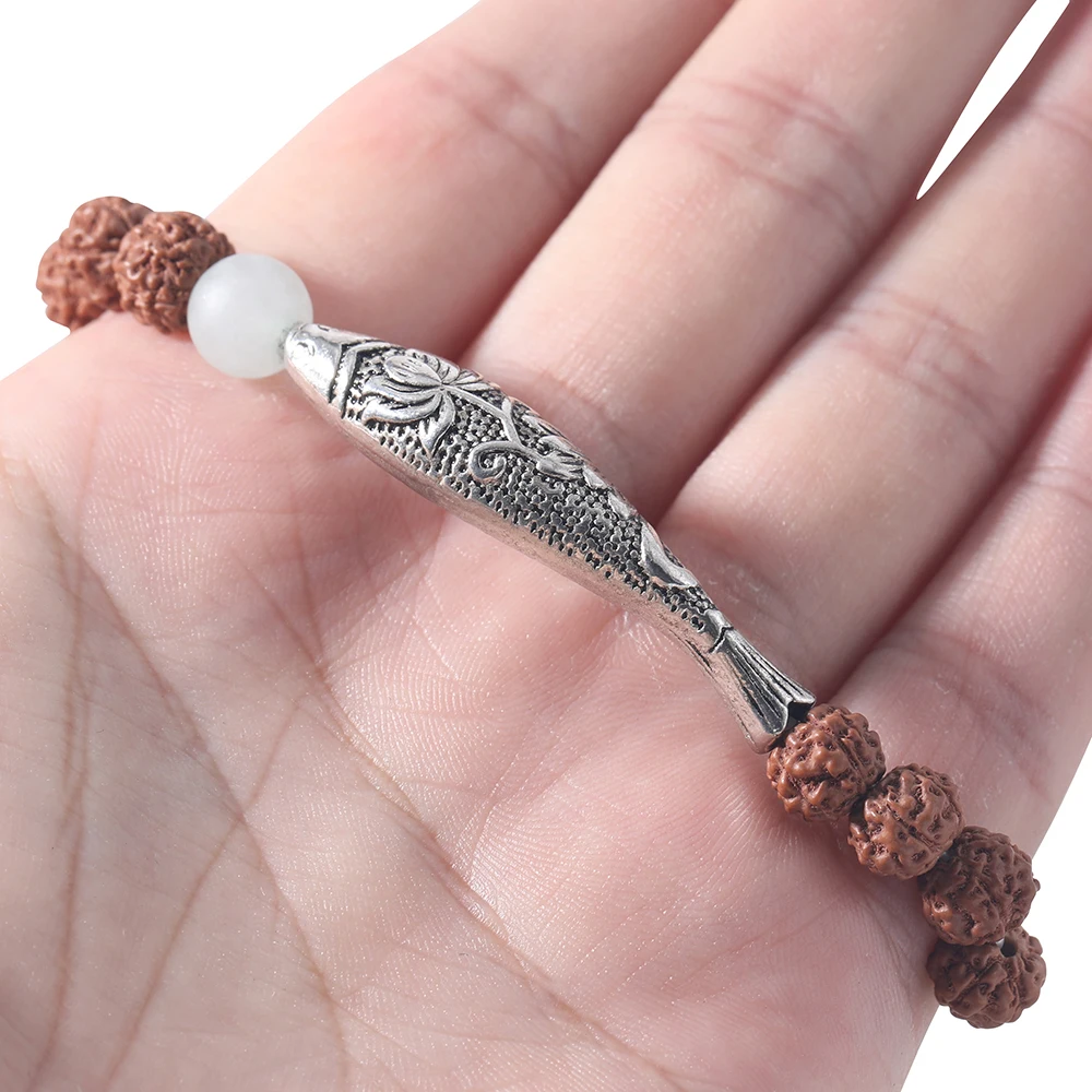 Rudraksha Beads Long Tube Hollow Fish Elastic Bracelet Men and Women Good Luck Yoga Friendship Bangle Fashion Charm Jewelry