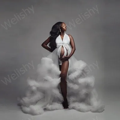 Sang Trọng Gợi Cảm Trắng Cô Dâu Xù Lông Voan Áo Dây Áo Nữ Bộ Đồ Đồ Bầu Sheer Dài Mang Thai Áo Choàng Buổi Chụp Hình Tự Làm