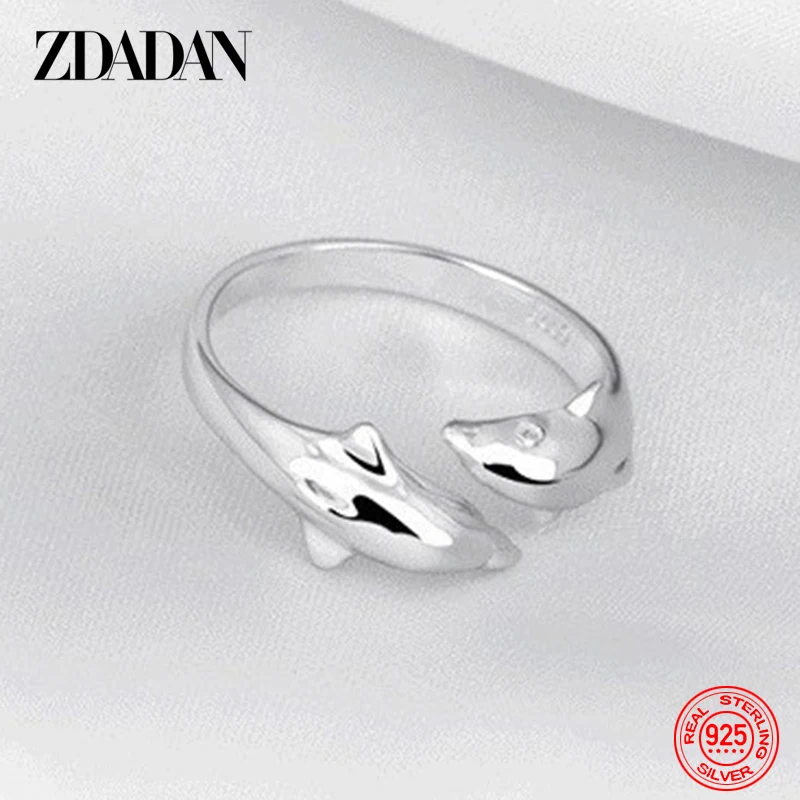 ZDADAN 925 Sterling Silver Double Dolphin Open Ring For Women Fashion Wedding Jewelry Party Gift