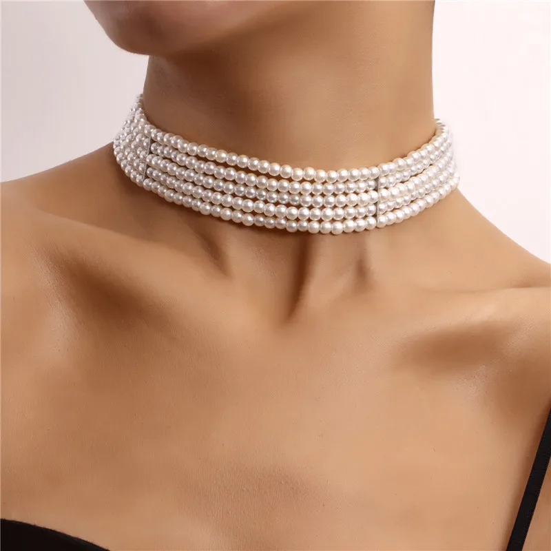 Vintage Multilayer Layer Pearl Choker Necklaces for Women Bead Chain Aesthetic Sweet White Color Necklace Trendy Wedding Jewelry