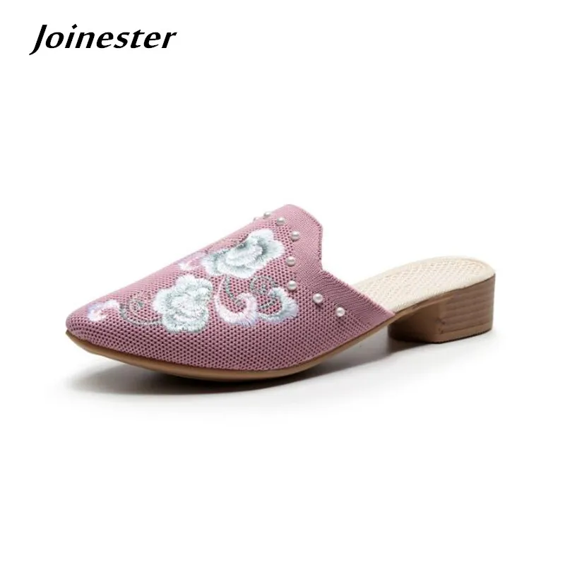 Summer Women Pointed Toe Mesh Slippers Embroidery Pearls Elegant Low Heeled Mules for Ladies Vintage Slides Backless Sandals