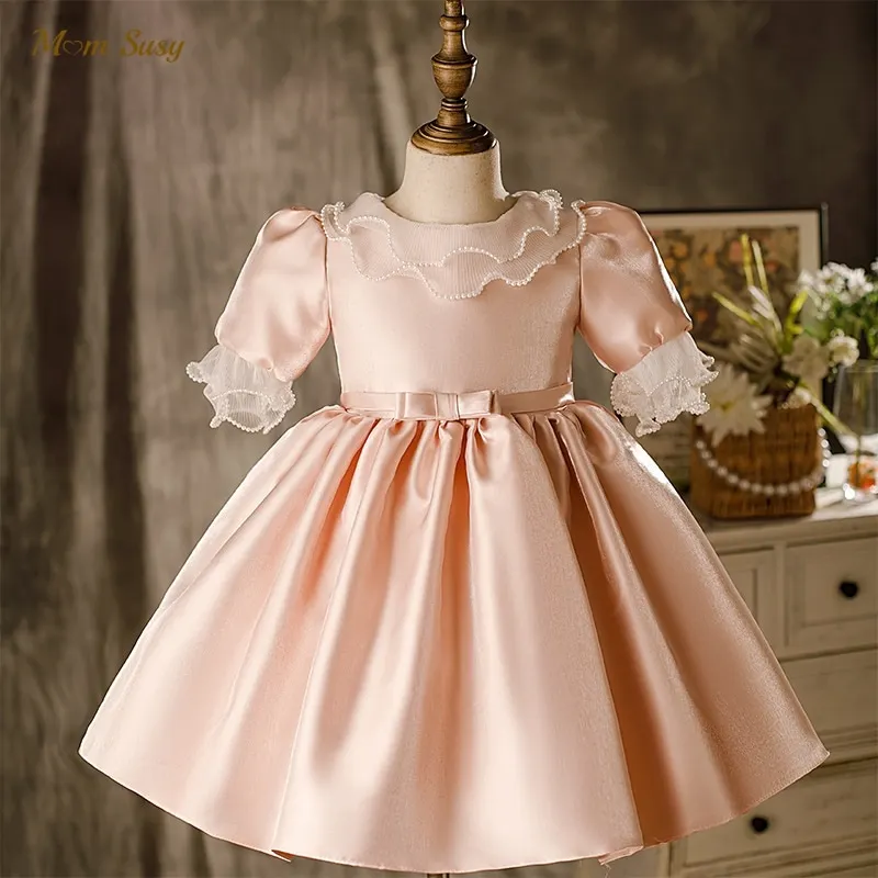 

Girl Princess Vintage Silk Dress Pearl Lotus Collar Infant Toddler Vestido Flare Sleeve Wedding Party Birthday Baby Clothes 1-7Y