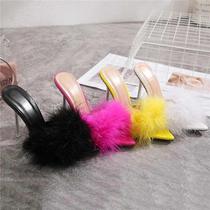 Summer New Sexy Feather Woman Sandals Transparent Perspex High Heels Fur Stiletto Peep Toe Mules Lady Slides Shoes Rose