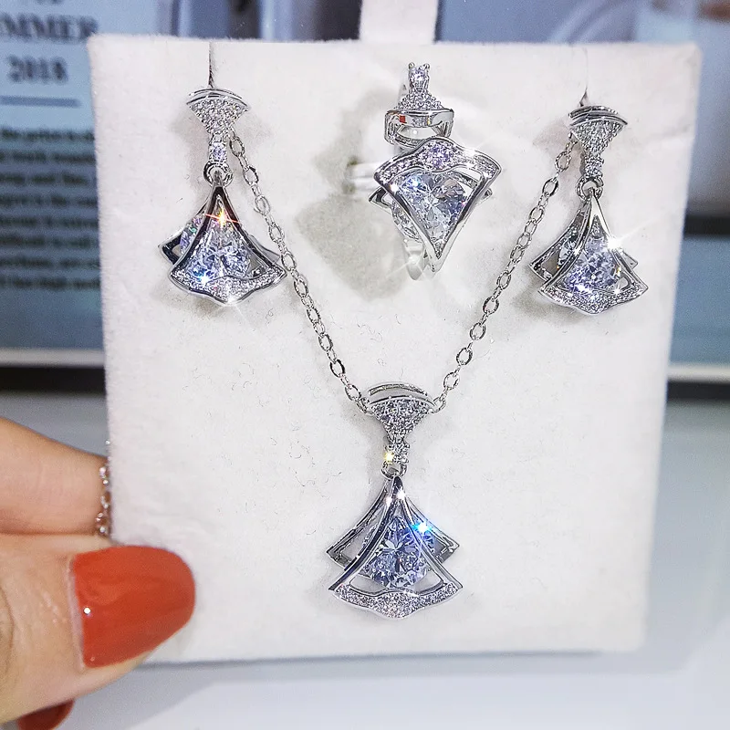 2021 NEW Cute Simple Sector Jewelry Set Rings Solid S925 Sterling Silver Necklace For Women Dazzling Clear Zircon Stone Earrings