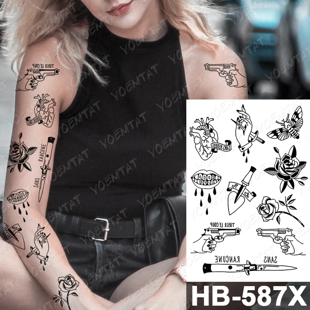 Waterproof Temporary Tattoo Sticker Heart Knife Gun Angel Old School Flash Tattoos Spider Lips Body Art Arm Fake Tatoo Women Men