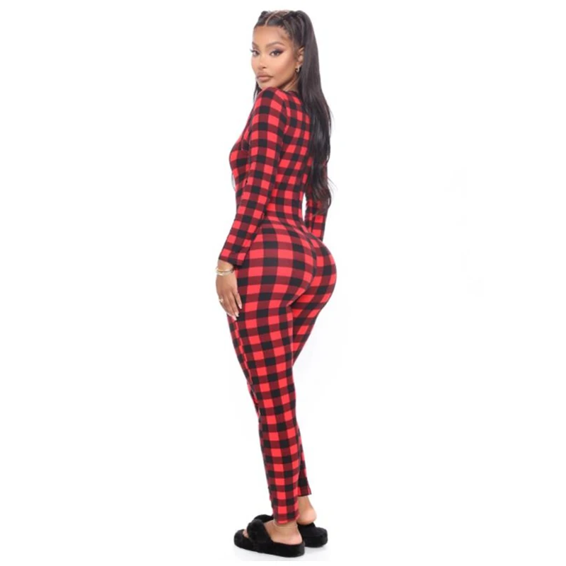 Women\'s Romper Christmas Rompers Womens Jumpsuit Plaid Jumpsuit Elastic Casual Long Sleeve V-Neck Buttons Sleepwear Homewear