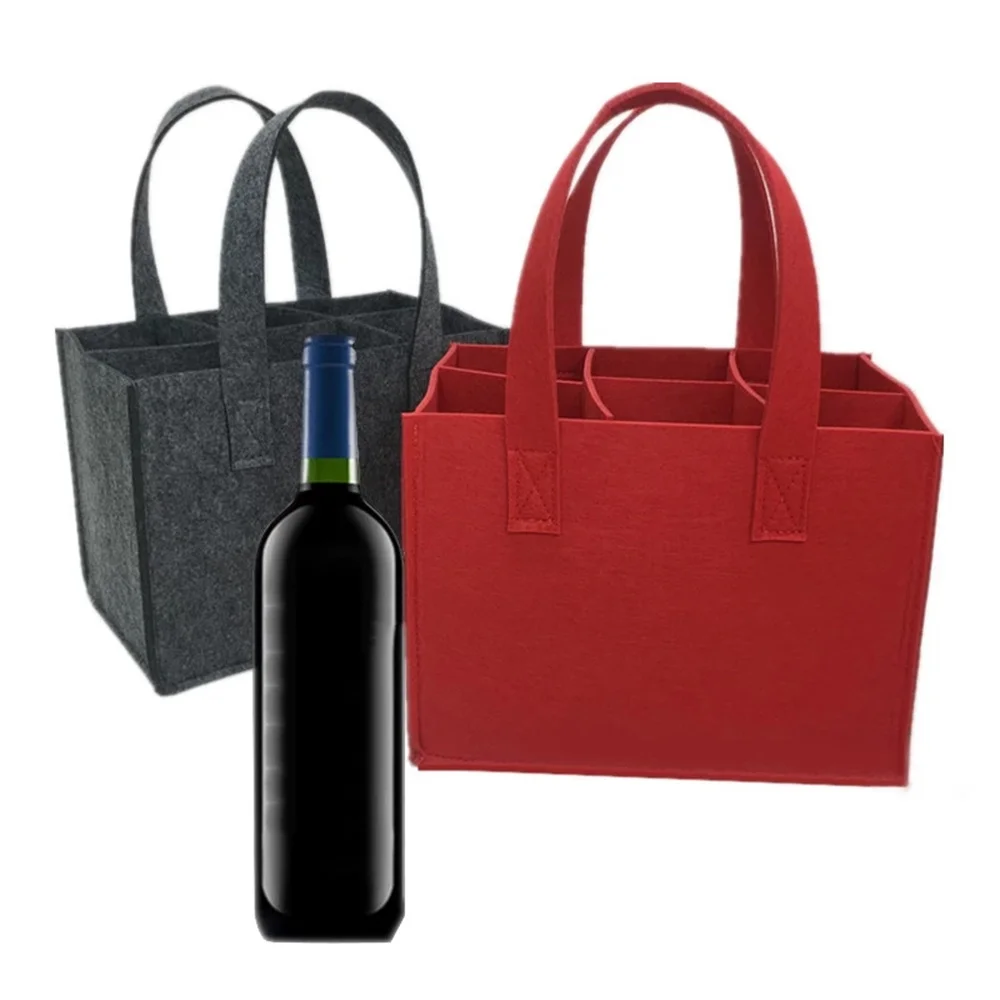 Reusable Fashion Felt Bag Wine Holder Beer Bottle Shopping Tote Bag Bottle Carrier with 6 Bottles Divider Washable