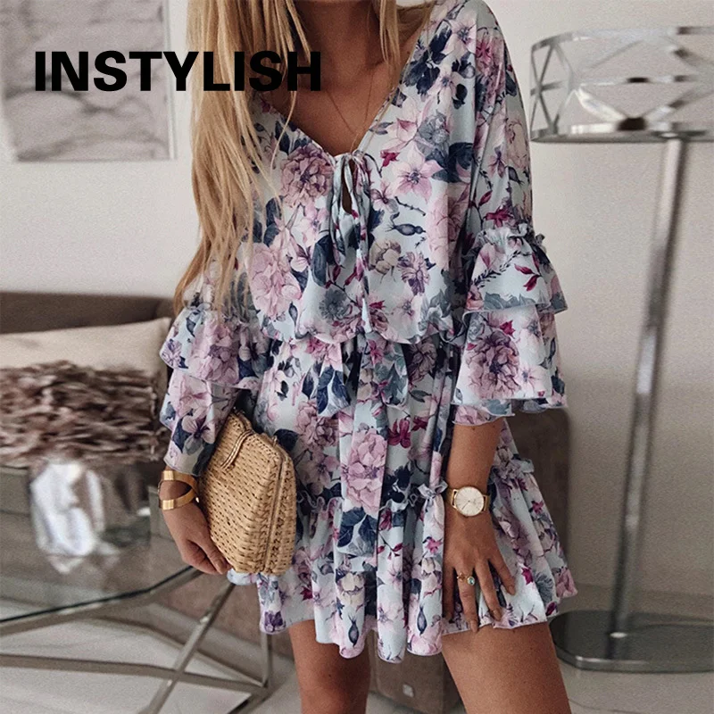 Elegant Floral Print A Line Dress Summer Bohemian V Neck Ruffles Chiffon Dress Women Casual Beach Party Mini Dress Oversized 2XL