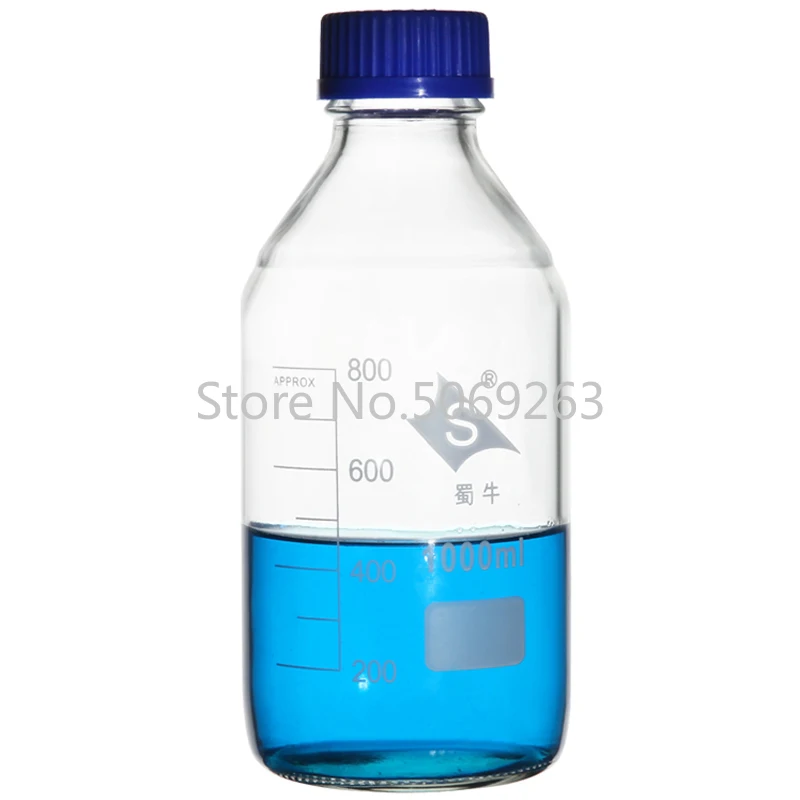 Bouteille de réactif en verre avec bouchon à vis bleu, capacité 100 ml, 250 ml, 500 ml, 1000ml, verrerie de chimie de laboratoire médical, 1 pièce