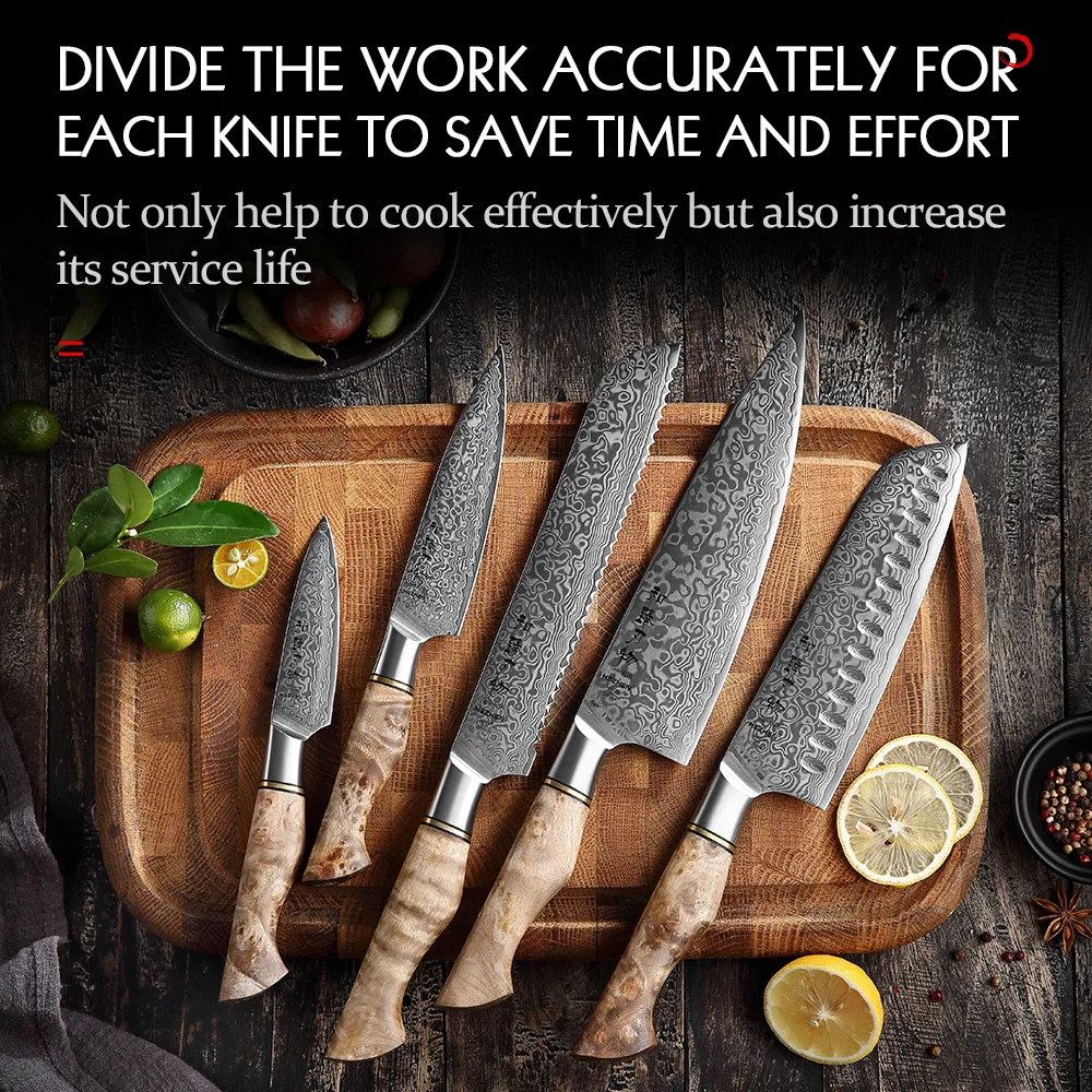 HEZHEN 1-5PC Knife Set Japanese Damascus Steel Chef Santoku Bread Paring Utility Professional Slicing knife Cook Kitchen Knife