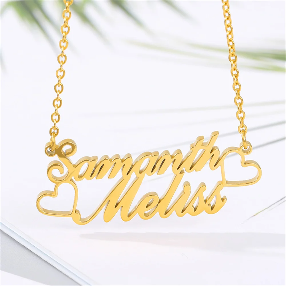 Custom Name Necklace Stainless Steel 18K Gold Double Heart Necklace Double Nameplate Pendant Women Jewelry Gift