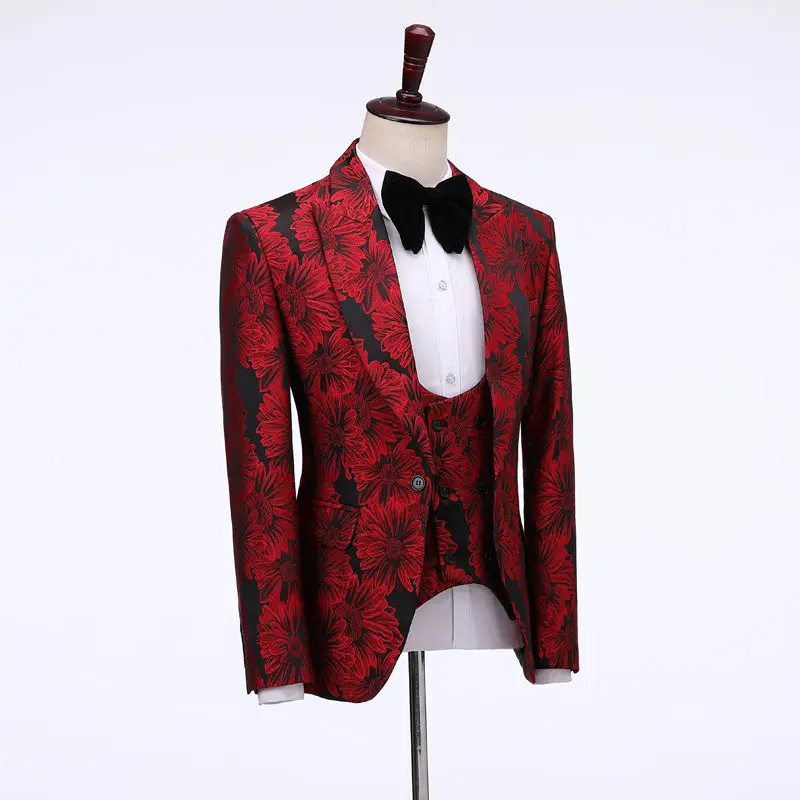 Costume Homme 2023 New 3 Piece Red Suit Men Terno Masculino Jacquard Men Suits Tuxedo Prom Party Suits Floral Wedding Groom Suit