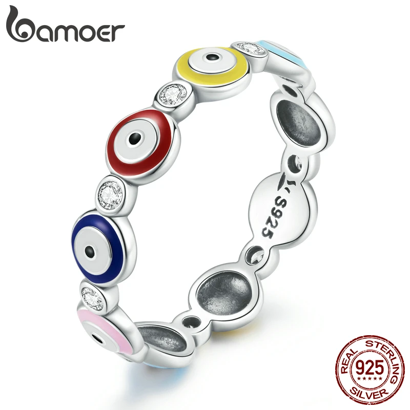 Bamoer 925 Sterling Silver Guardian Eye Ring Colorful Devil Eyes Finger Rings for Women Statement Fashion Jewelry SCR742