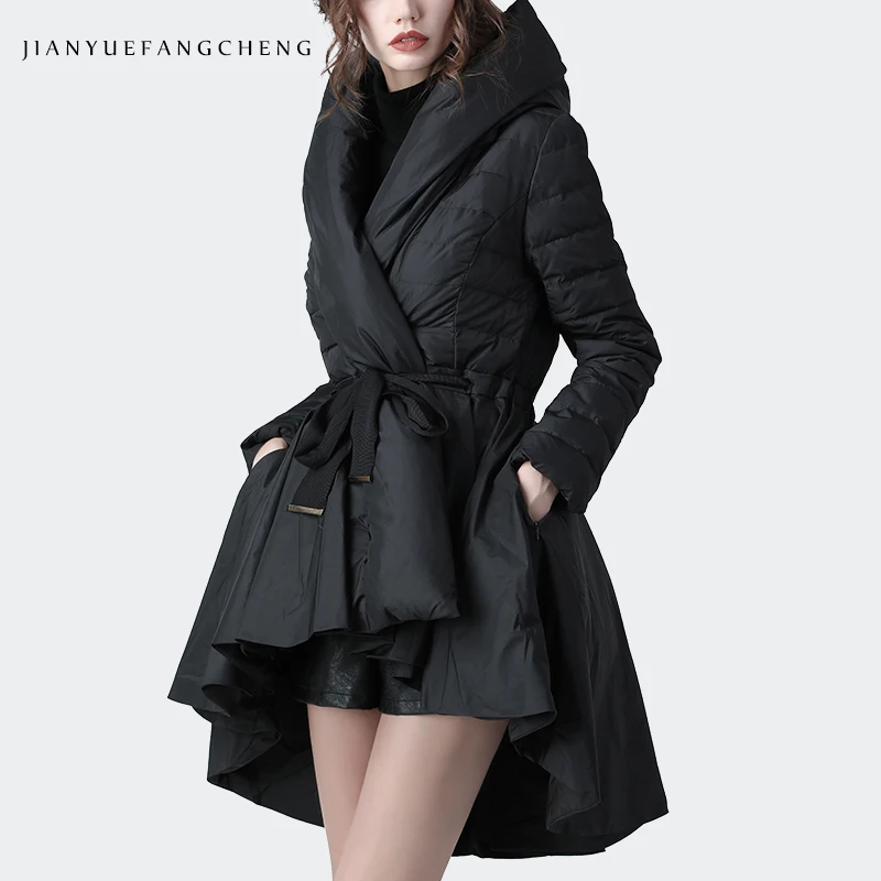 Fashion Women Winter Down Dress Long Sleeve Hooded Elegant Irregular Length Plus Size Warm Thicken Long White Duck Down Dresses