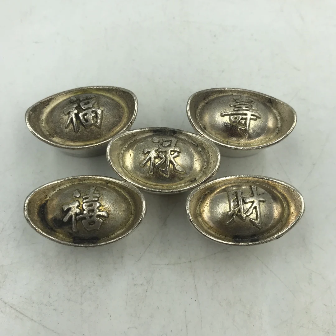 Collection of Chinese Archaize Qing Dynasty Fu Lu Shou Xi Cai silver-plated ingots a set of statue Household Decoration gift
