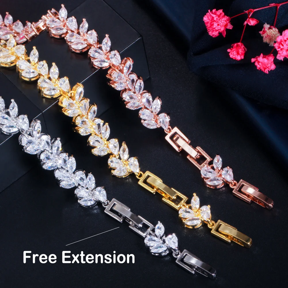 CWWZircons Rose Gold Color White Cubic Zirconia Leaf Pattern Bracelets Bangles for Women Girl Gift Fashion Wedding Jewelry CB251